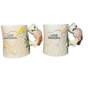 Vintage Owls I Love Grandma Grandpa Coffee Tea Mugs Made In Taiwan Lot Of 2